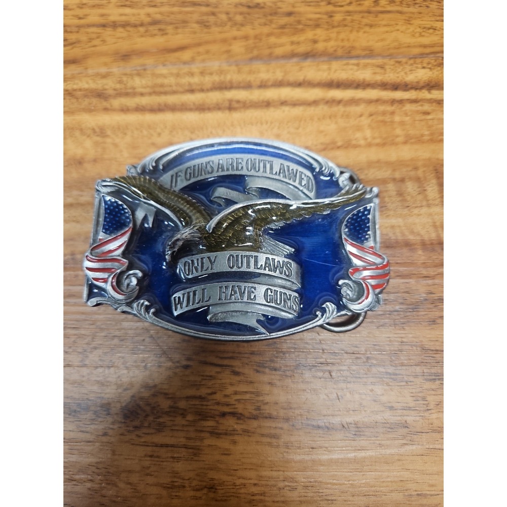 Vtg‎ SISKIYOU Pewter Belt Buckle If Guns Are Outlawed Only Outlaws Will Have Gun